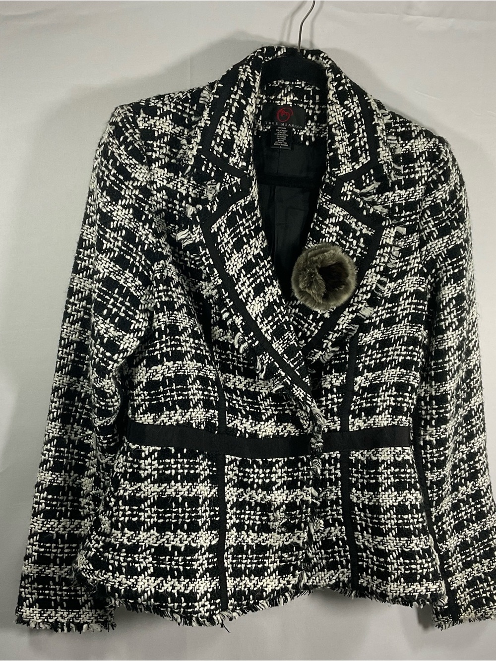 Black & White Tweed Blazer with Fur Brooch
